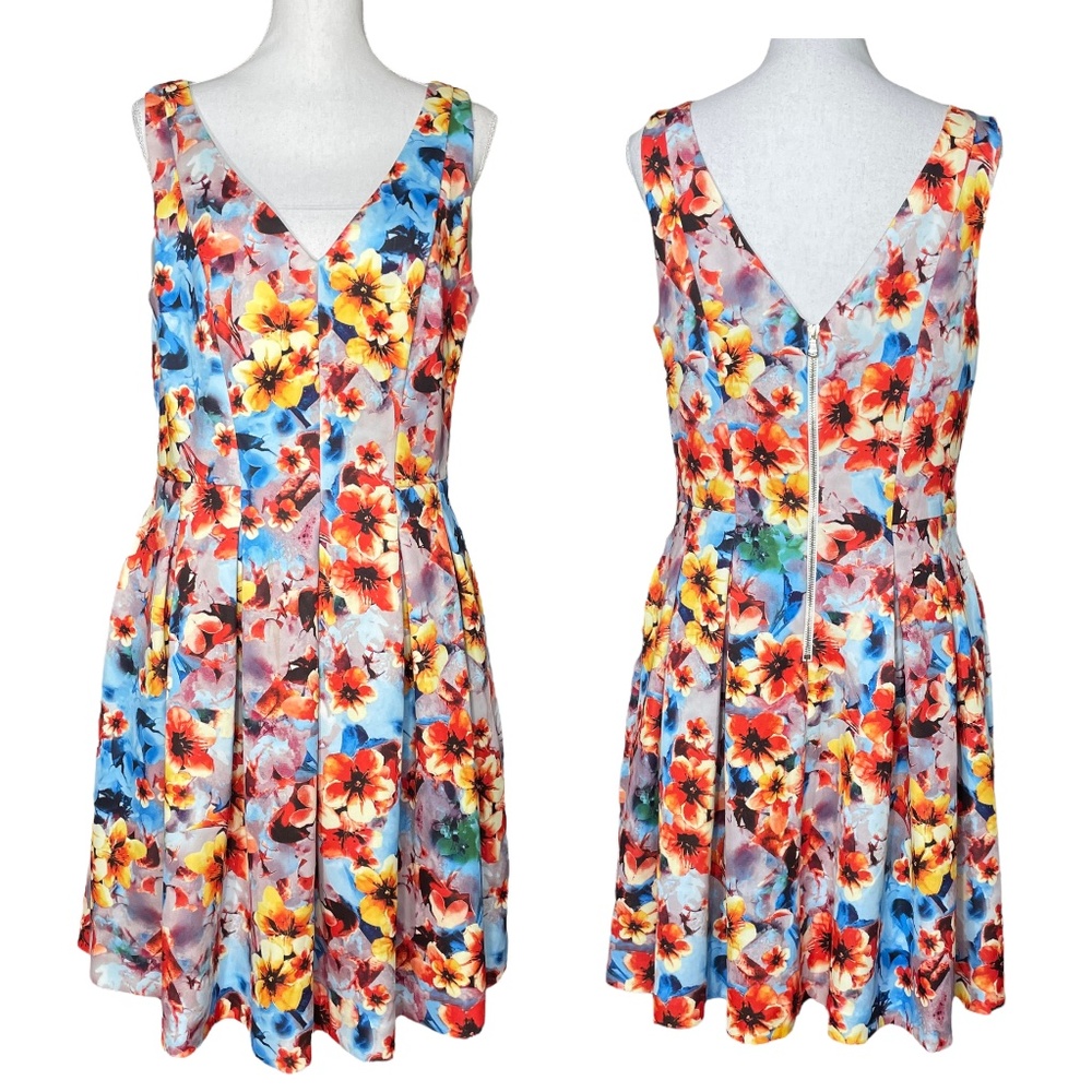 Betsey Johnson Floral Dress 14 Scuba V-Neck Fit Flare Skater A-Line Orange Blue